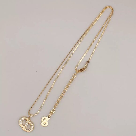 CHRISTIAN DIOR CD Logo Rhinestone Pendant Necklace Gold - Picture 1 of 8